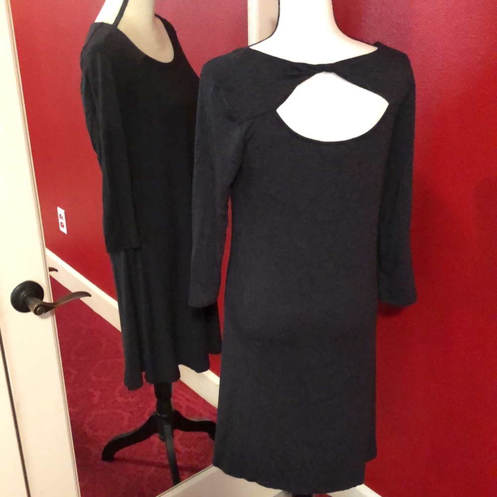 Very dark gray market and spruce dress with crisscross tie in the back